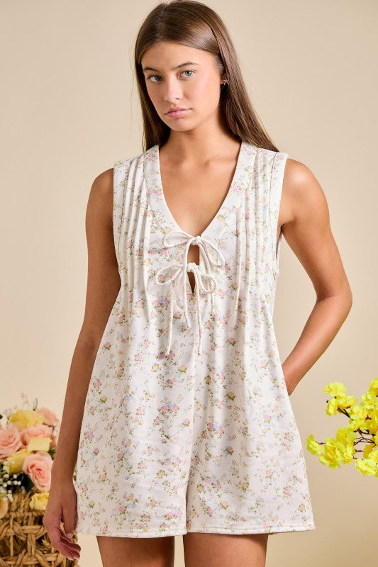 Ivory Floral Tie Front Sleeveless Romper