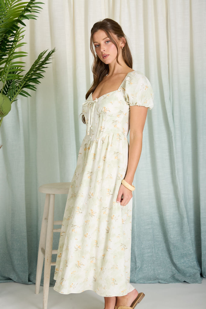 Floral Sweetheart Puff Sleeve Corset Midi Dress