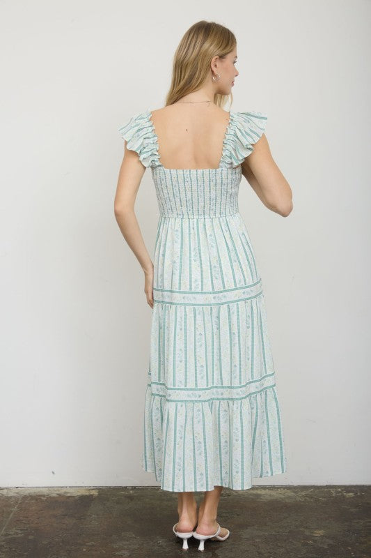 Stripe Floral Pattern Smocked Tiered Midi Dress