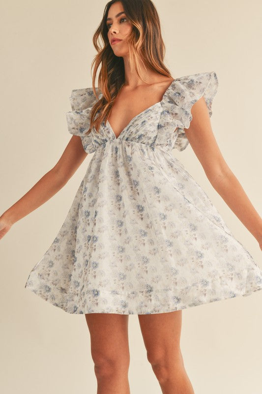FLORAL PRINT PLEATED BUST SHOULDER RUFFLE DRESS