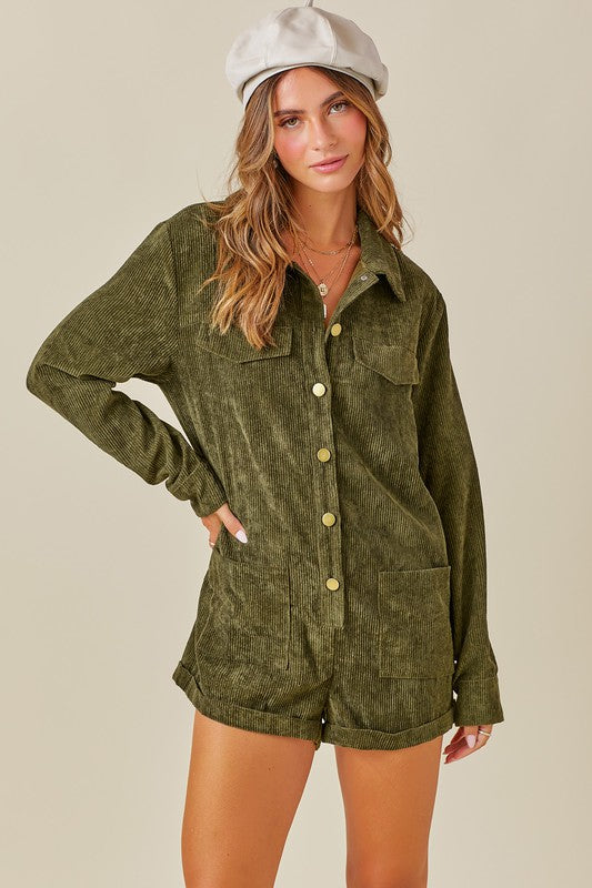 BUTTON DOWN CORDUROY ROMPER WITH POCKET DETAILS