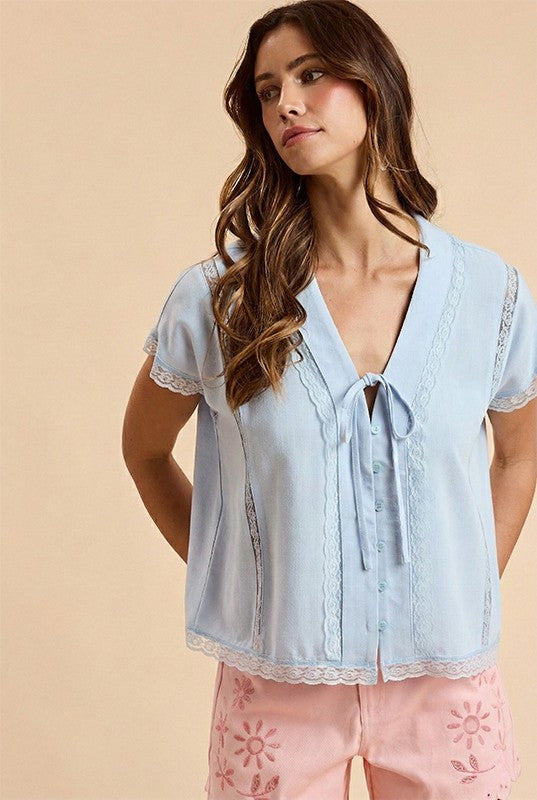 Linen Tie- Front Oversized Top With Lace Accent