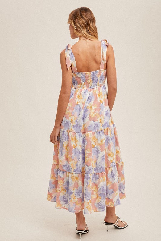 Tie Strap Tiered Midi Floral Dress