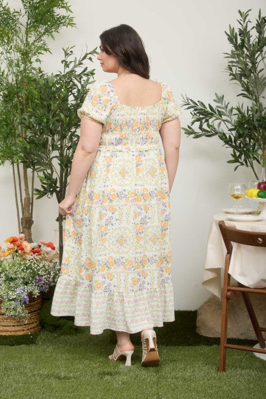 Floral Sweetheart Front Tie Puff Sleeve Midi Dress