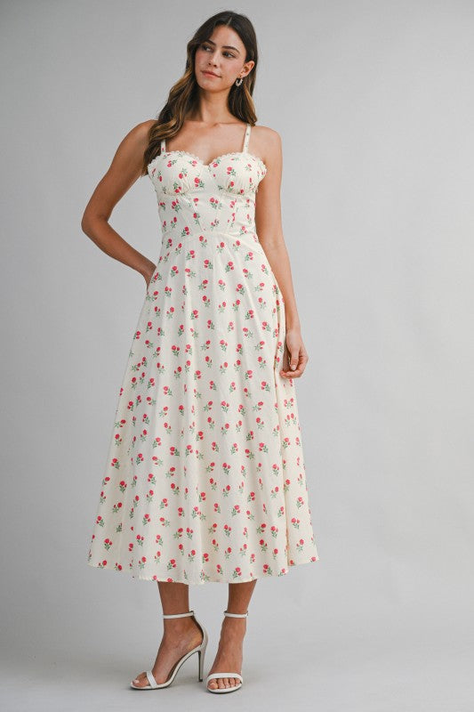 Floral Printed Lace Trim Back Lace Up Midi Dress
