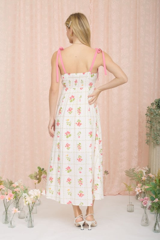 Floral Tile Pattern Scalloped Tie Strap Midi Dress