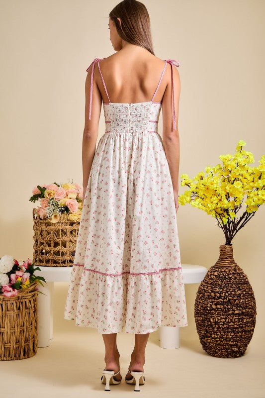 Pink Floral Tie Strap Midi Summer Sundress