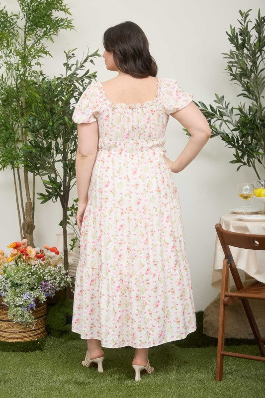 Plus Floral Tile Print Contrast Tie Midi Dress