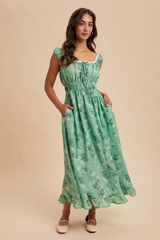 Cotton Floral Ruched Maxi Dress