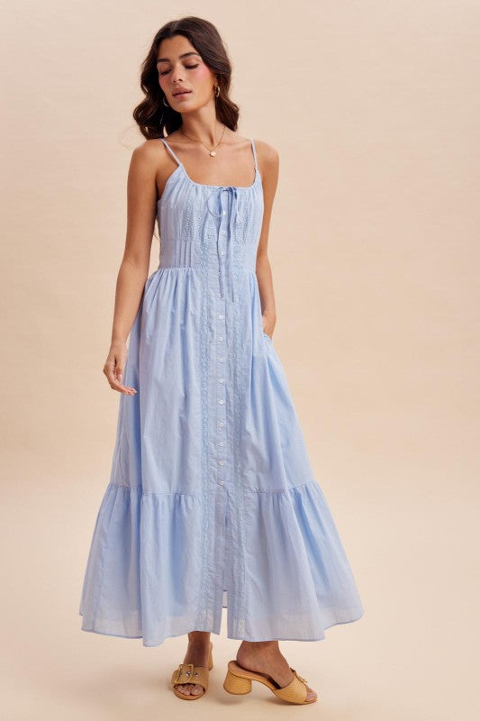Gathered Cotton Button Down Maxi Dress