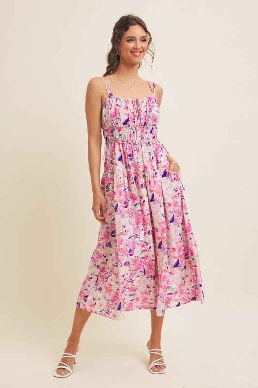 Vibrant Floral Print Ruching Cami Midi Dress