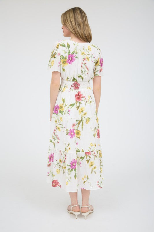 Multicolor Floral Short Sleeve Tiered Midi Dress