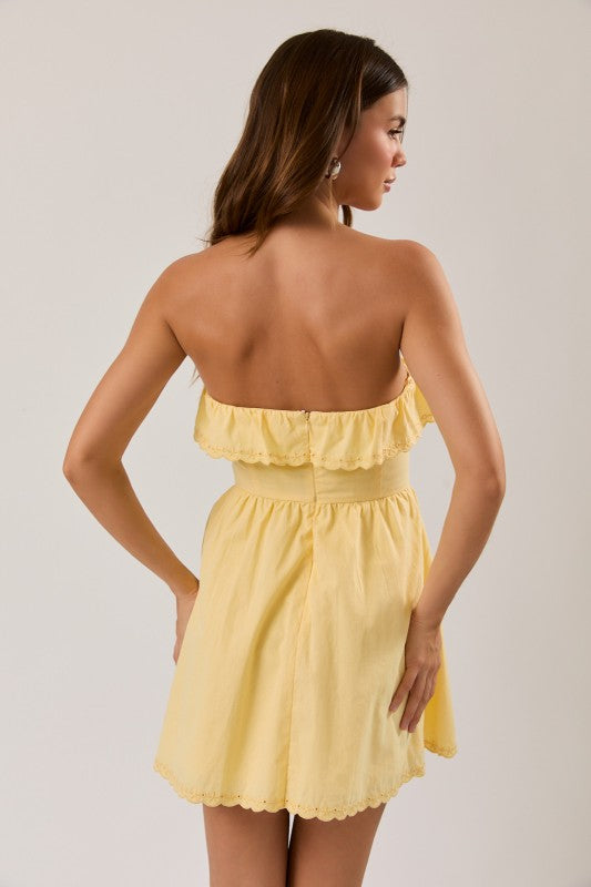 Strapless Eyelet Scallop Hemline Detail Mini Dress