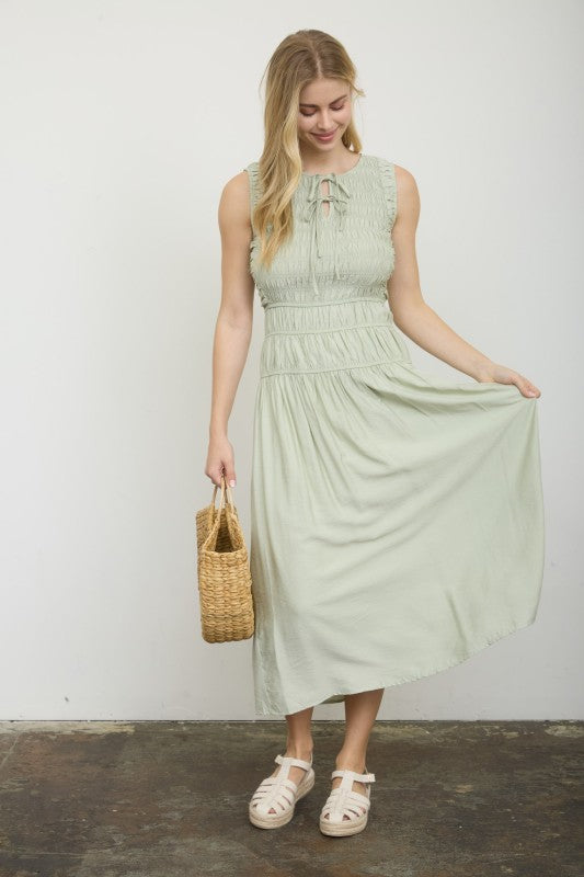 Front Tie Smocked Sleeveless Shirred Midi Dress