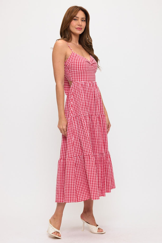 Gingham Bow Bust Tie Back Tiered Maxi Dress