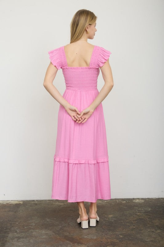 Mock Button Down Smocked Ruffle Detail Midi Dress