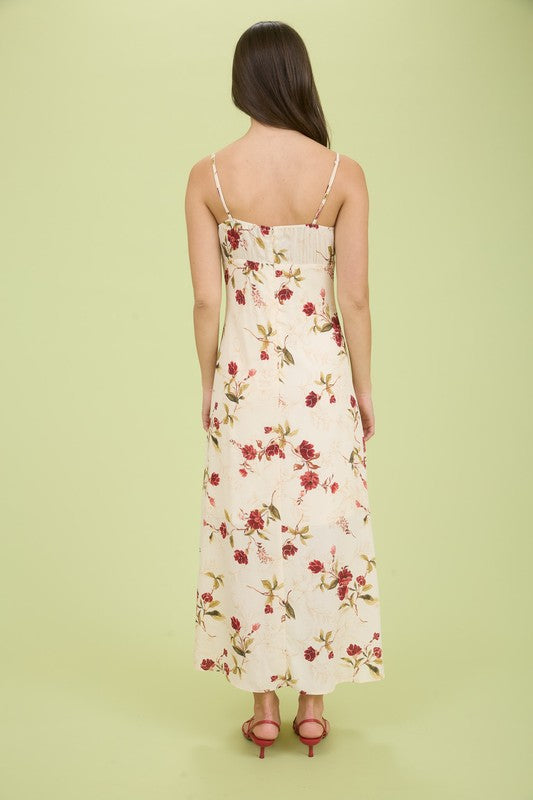 Floral Lace Trim Front Tie Midi Dress
