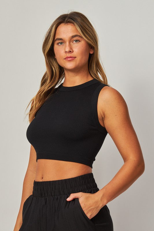Stretchy Ribbed Seamless High Neck Crop Top