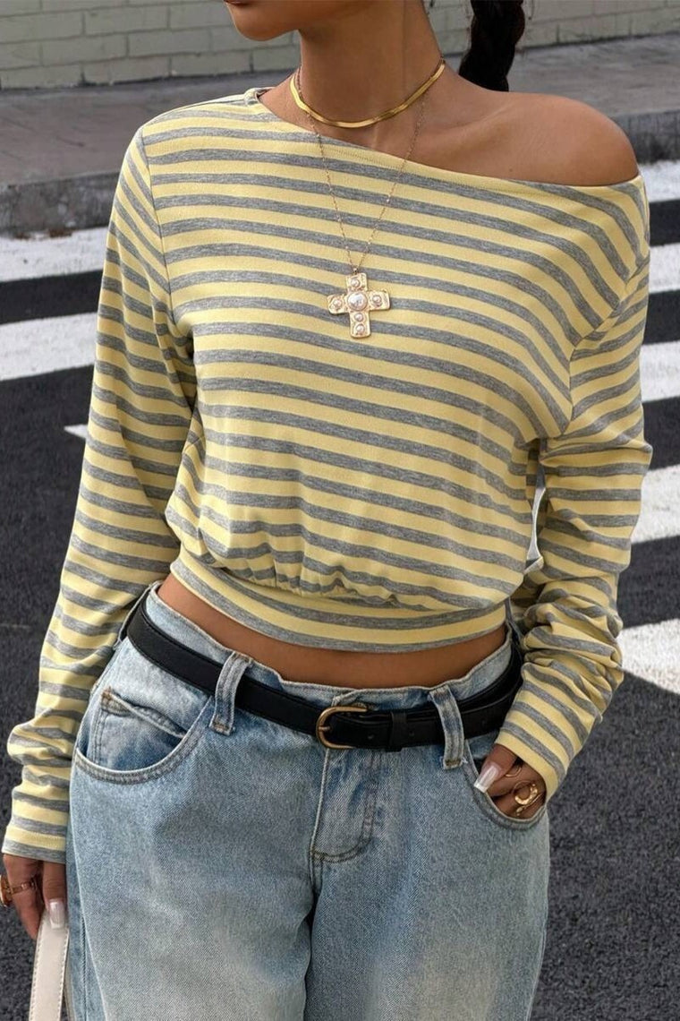 Ribbed Striped Off Shoulder Long Sleeve Crop Top
