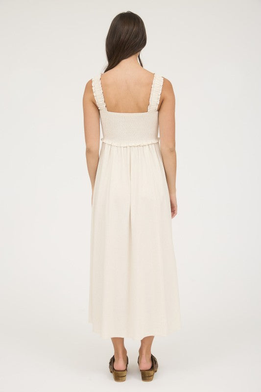 Smocked Sleeveless Button Down Midi Dress