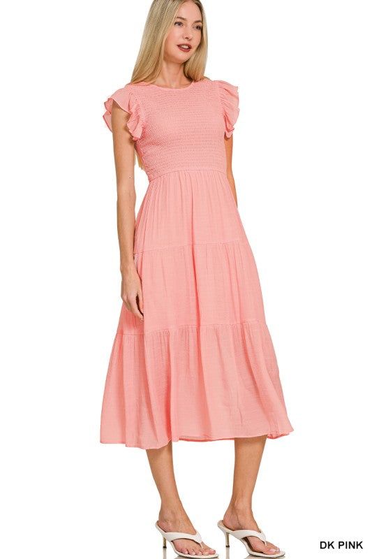 Woven Smocked Ruffle Sleeve Midi Dress