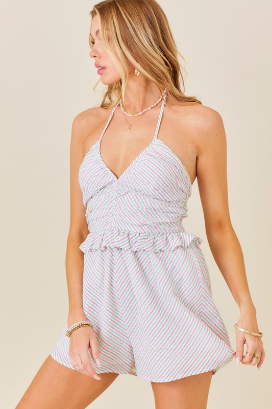 RUCHED FRONT HALTER MINI DRESS WITH RUFFLES