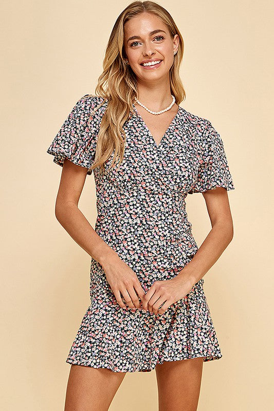 Floral V-neck Ruffle Mini Wrap Dress