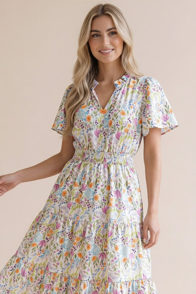 Notch Neck Smocked Waist Tiered Floral Dress