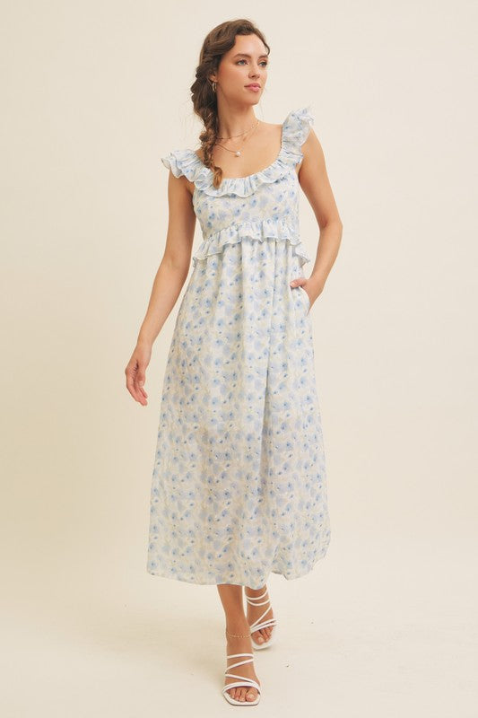 Romantic Floral Slit Midi Dress With Ruffles
