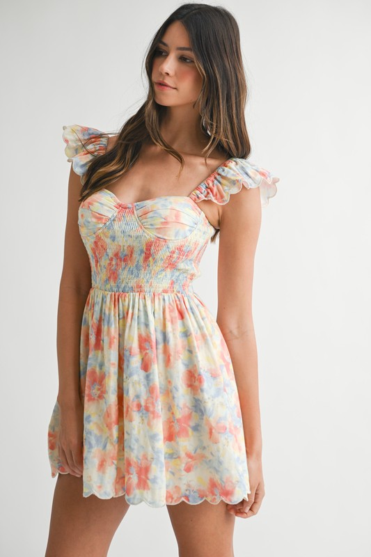 Floral Print Ruffle Sleeve Smocked Mini Dress