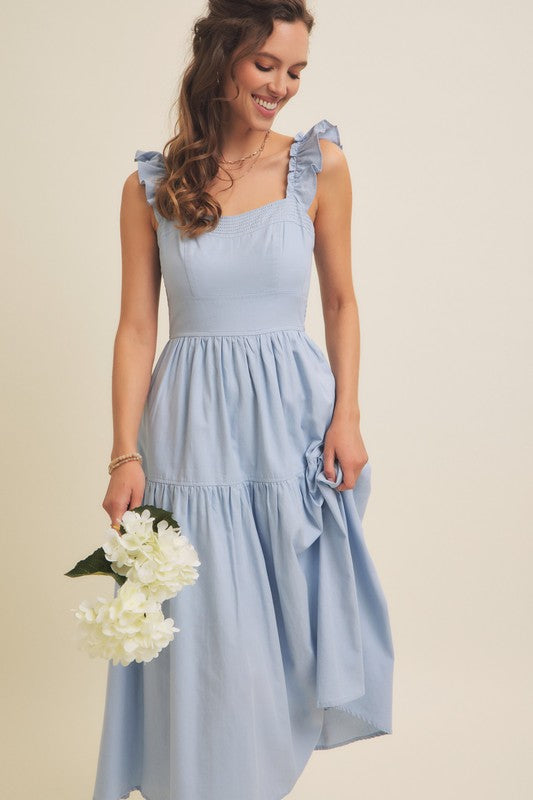 Cloud Gazing Airy Smocked Back Tiered Midi Dress