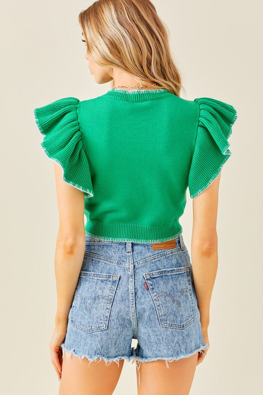 RUFFLE SLEEVES CONTRAST DETAIL CROPPED SWEATER