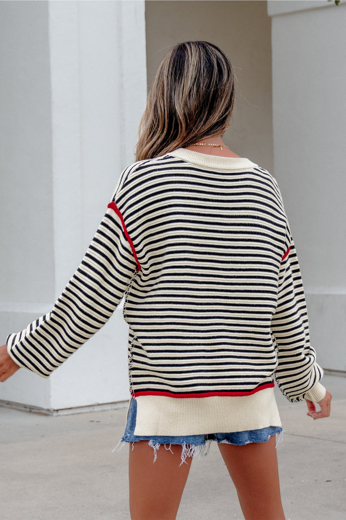 Stripe Ribbed Trim Drop Shoulder Oversized Sweater