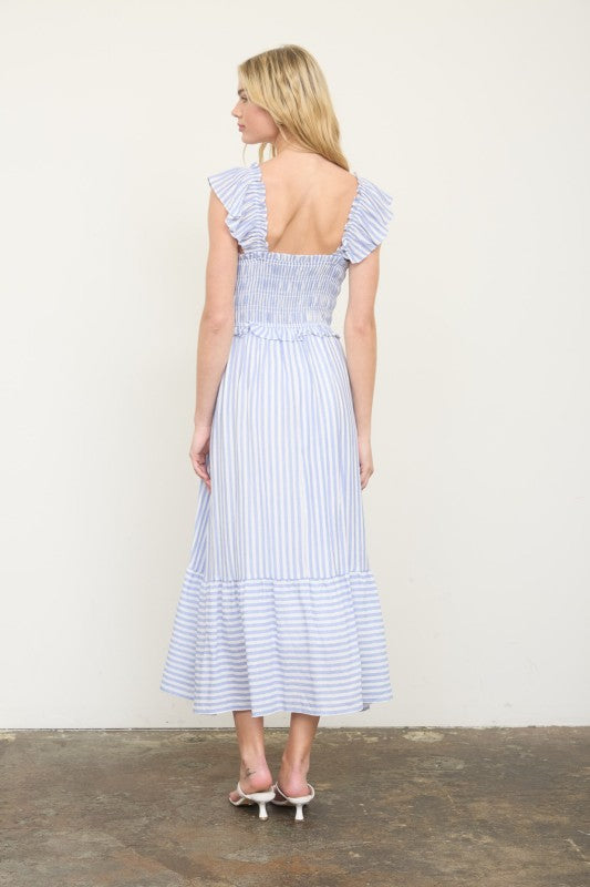 Stripe Smocked Ruffle Trim Midi Dress
