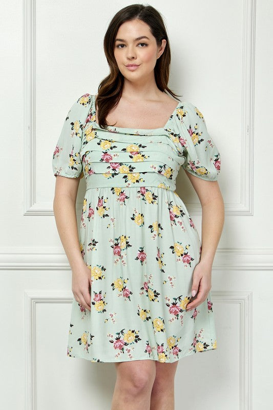Plus-size Floral Breeze Pleated Baby Doll Dress