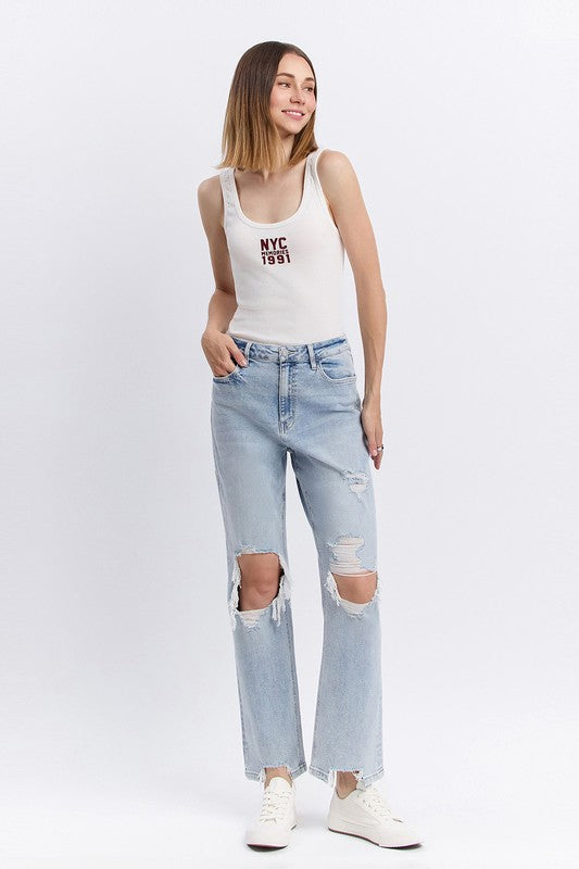 90'S SUPER HIGH RISE DISTRESSED STRAIGHT JEANS