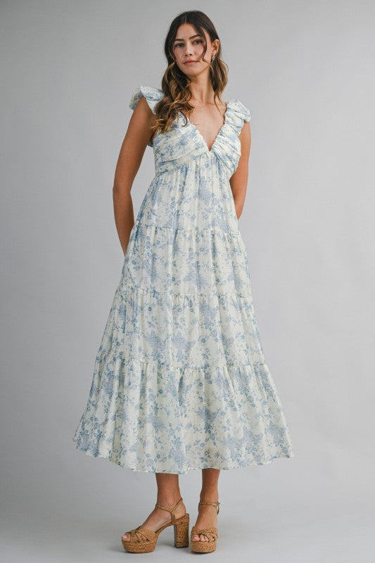 Floral Print Ruched Pleated Detail Midi Dress