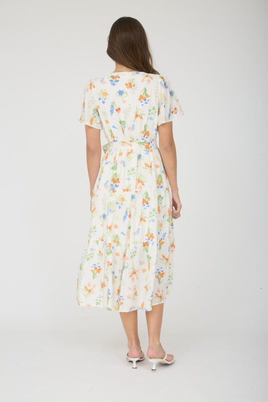 Floral Split Neck Belt Strap Tiered Midi Dress
