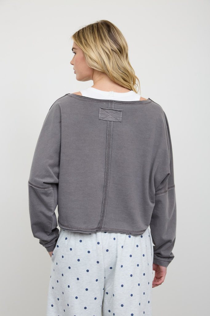 Boat Neck Raw Edge Long Sleeve Cropped Knit Top