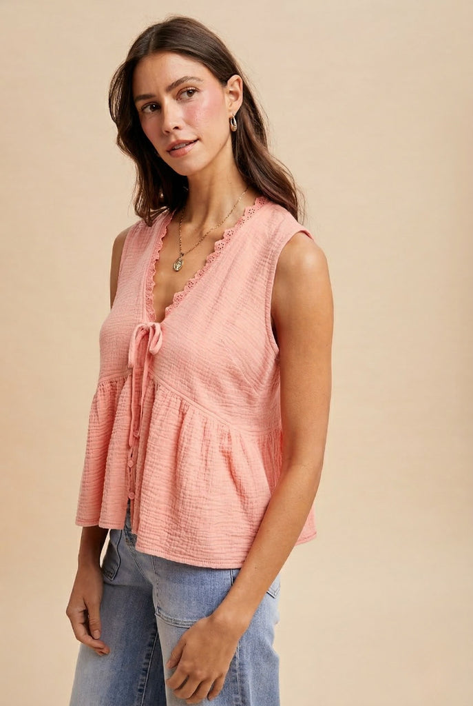 Sleeveless Button Front Top With Lace Trimmed