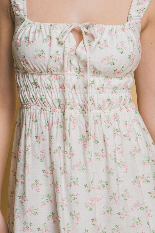 Floral Print Elastic Waist N Back Mini Dress
