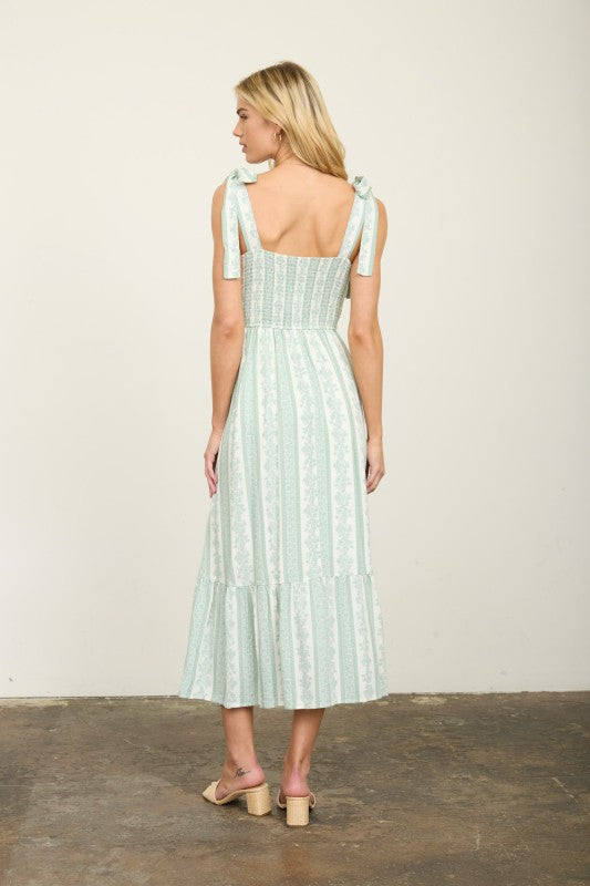 Stripe Floral Smocked Tie Strap Detail Midi Dress