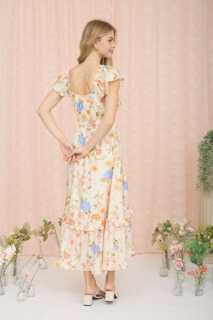 Floral Scoop Neck Ruffle Short Sleeve Midi Dress