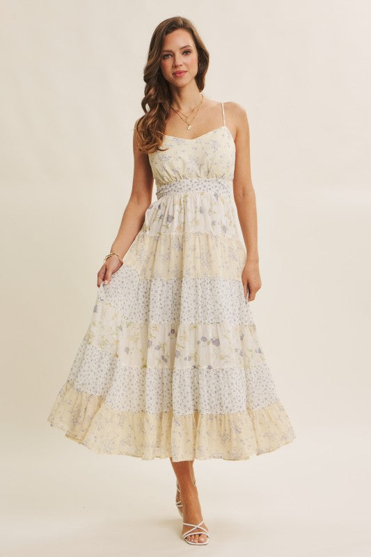 Meadow-inspired Mixed Floral Bow-back Midi Dress