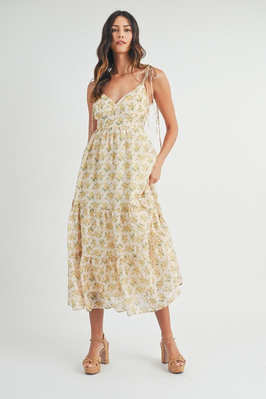 FLORAL PRINT SPAGHETTI STRAP TIERED MIDI DRESS