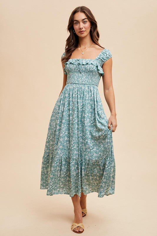 Smocked Floral Print Maxi