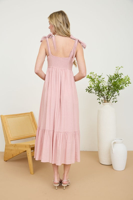 SCALLOP EYELET TRIM TIE STRAP MIDI DRESS