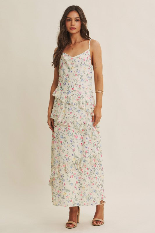Floral Fantasy Asymmetrical Ruffled Maxi Dress