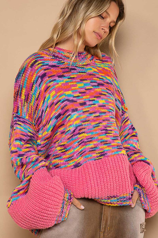 Confetti color pattern rib band pullover sweater