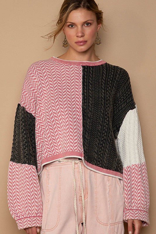 Contrast twisted weave chevon pattern sweater